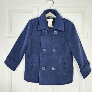 NWOT Joe Fresh Boys Double-Breasted Pea Coat Blue Tartan Lined Size 18-24M
